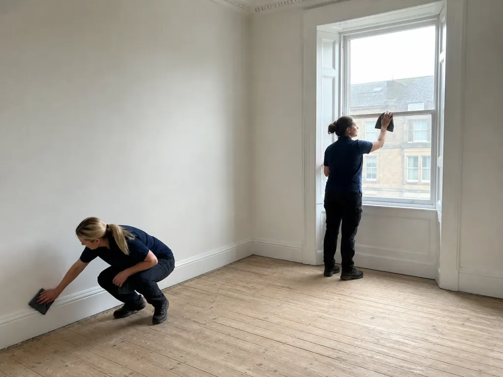 Two cleaners working through an empty Edinburgh tenement room, one at the sash window, one at the skirting board